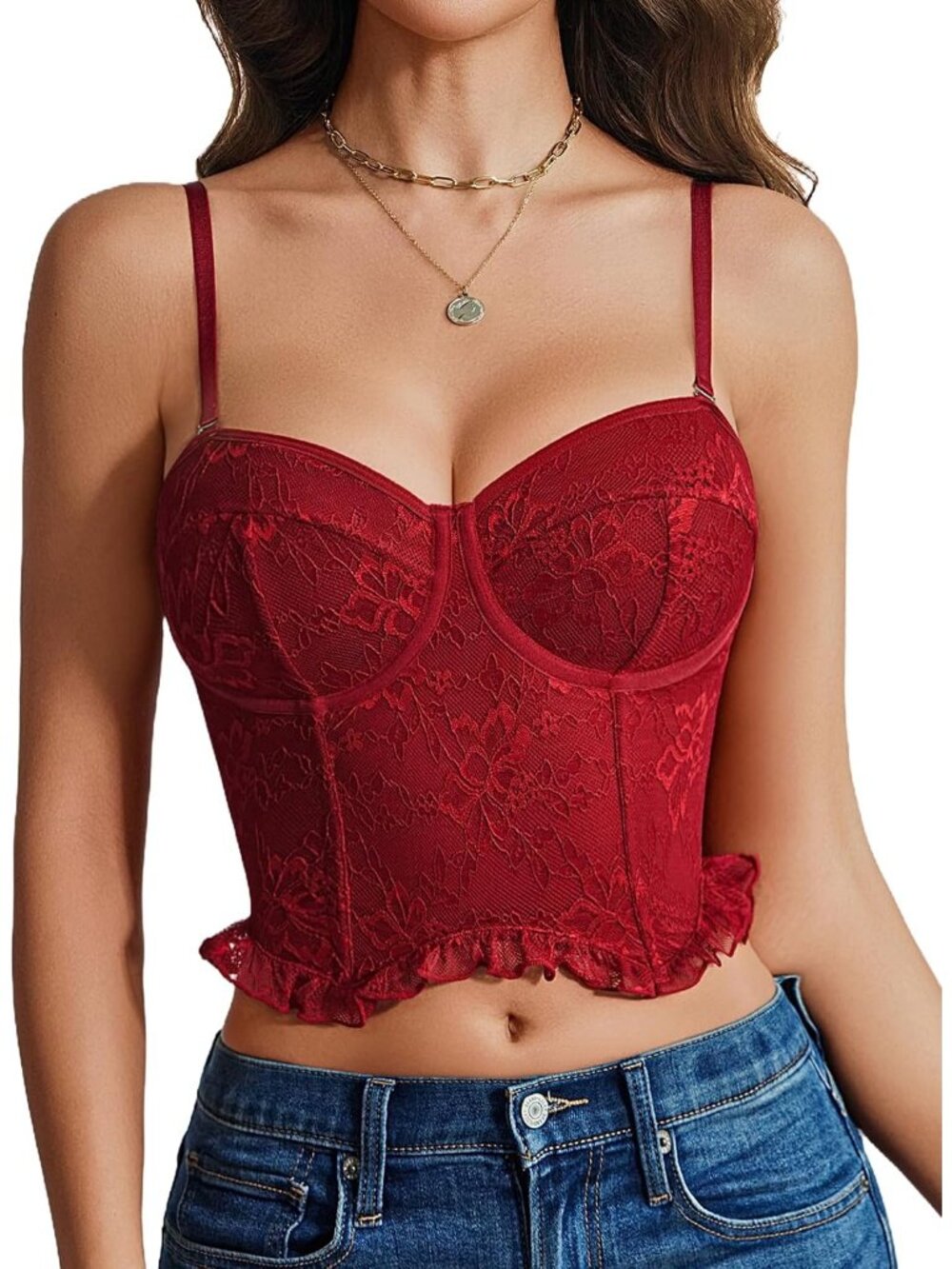 Women's Wine Hook and Eye Underwire Lace Sweetheart Bustier Cami Corset Top